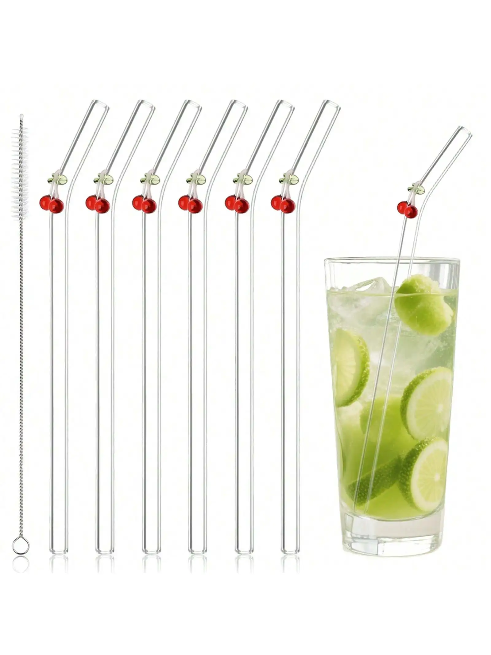 Cherry Design Reusable Clear Glass Straws Set with Cleaning Brush