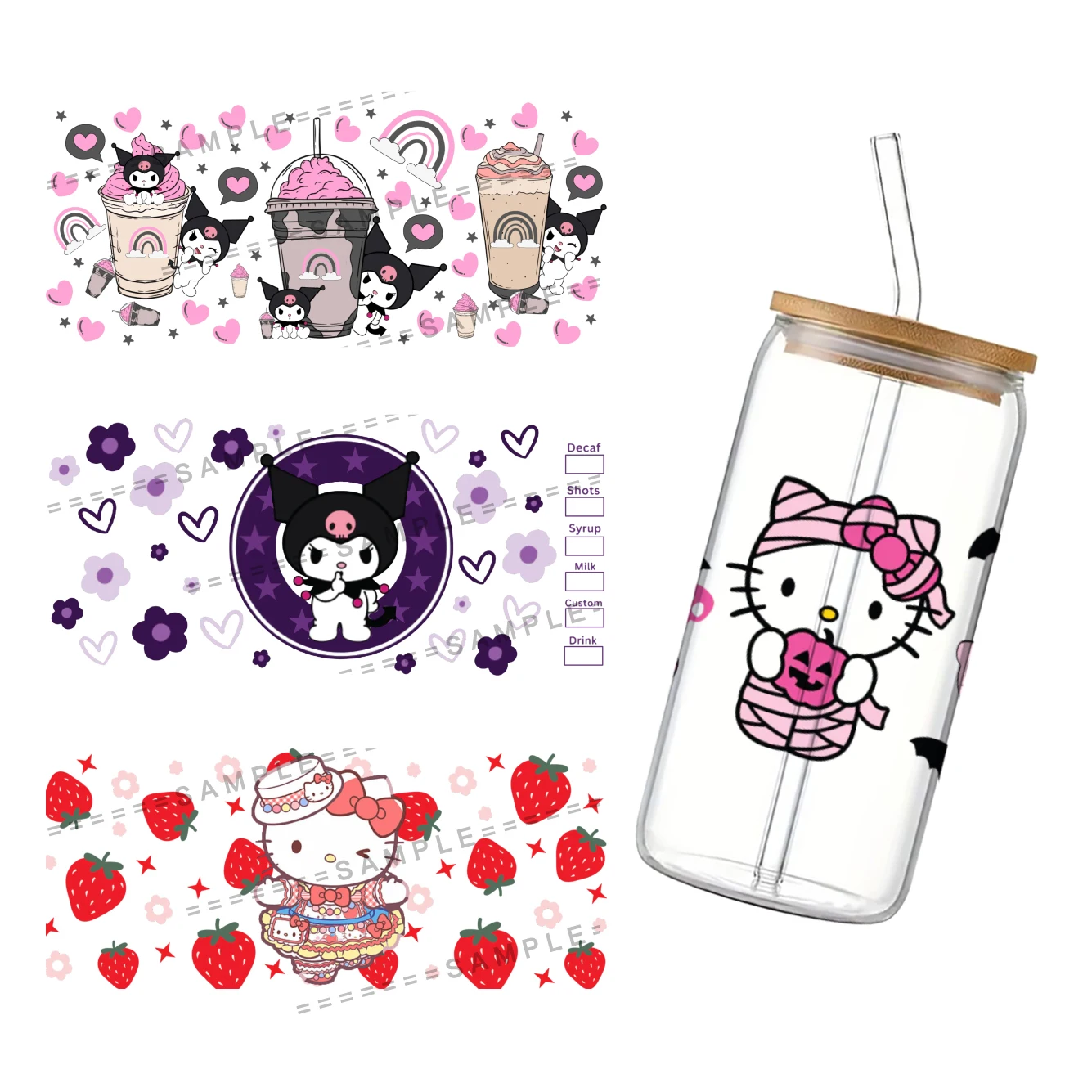 

Sanrio мультфильм 3D водонепроницаемый UV DTF чашка обертка для 16 унций Libbey стекло Can DIY переводная наклейка