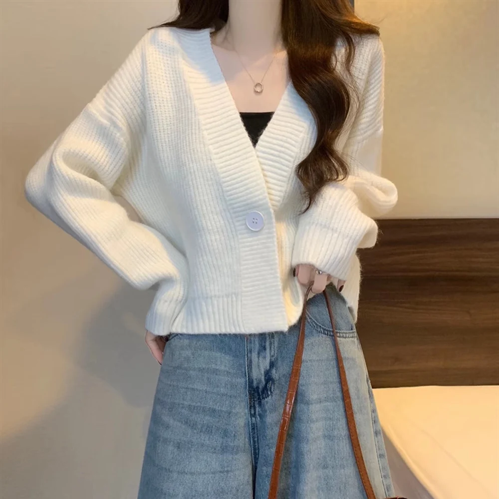 Women Knitted V Neck Long Sleeve Solid Color Sweater Cardigan