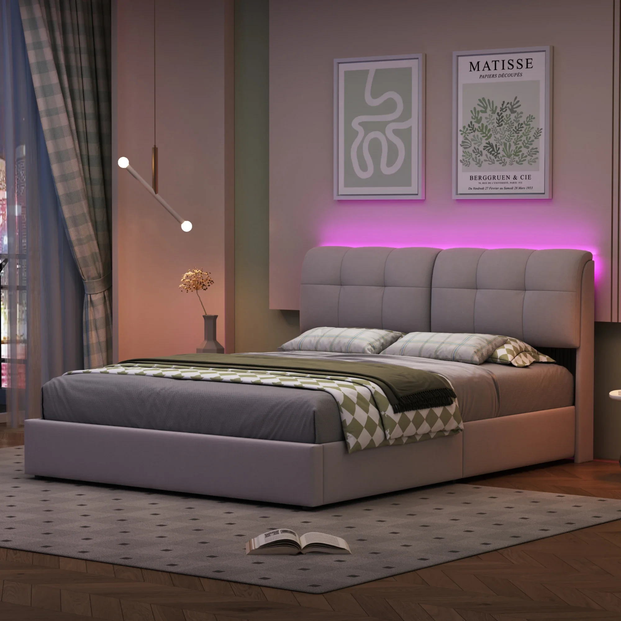 Rosahqnda Modernes gepolstertes Doppelbett 140 x 200 cm, hydraulisches Funktionsbett mit verstellbarer LED-Beleuchtung, weißer Samt, keine Matratze – Detail 4