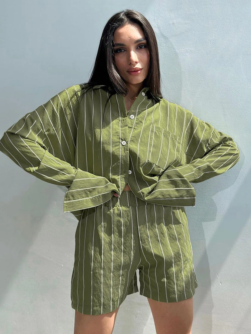 Marthaqiqi Striped Female Sleepwear Suit Long Sleeve Nightwear Turn-Down Collar Nightgowns Shorts Causal Ladies Home for Clothes