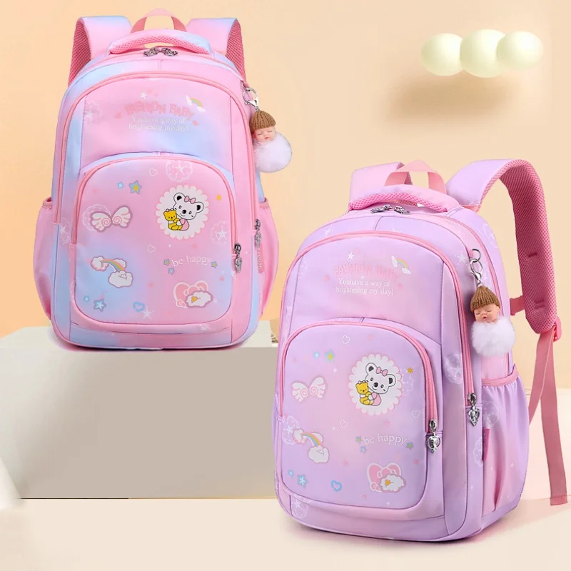 Girls Princess Gradient Pink Rainbow Bow Students School Bags New Children Sweet Fashion Cartoon Large Capacity Backpacks Hot