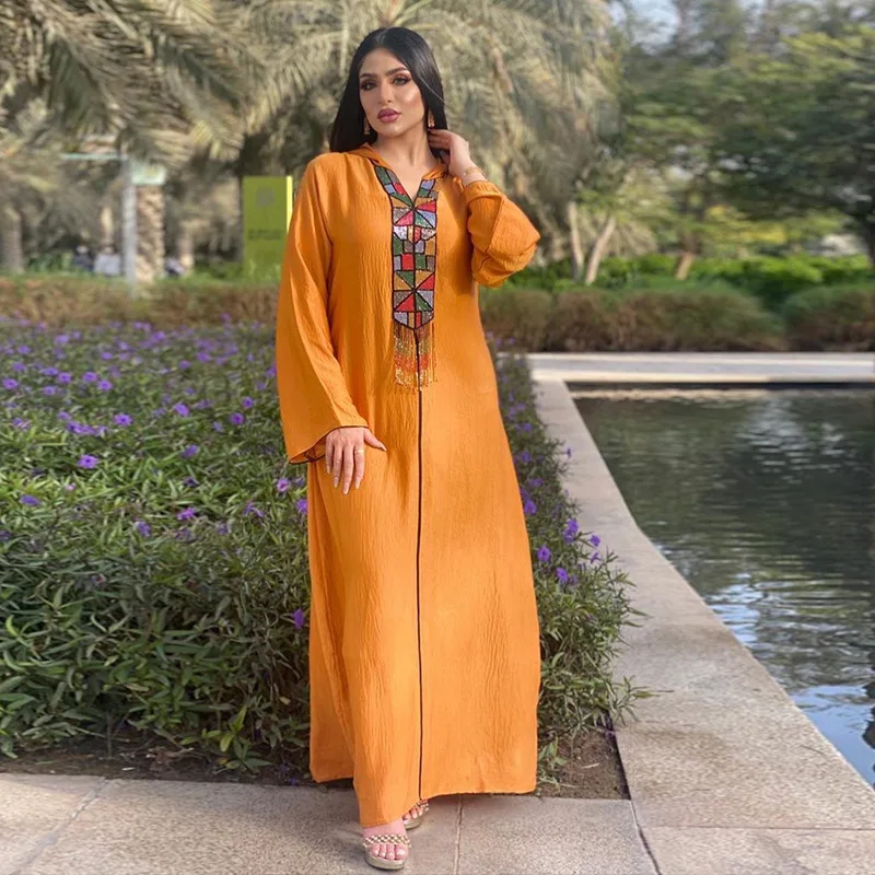 Jellaba Hooded Women Abaya Orange Long Sleeves Dubai Turkey Morocco Robe V-neck Women Robe Loose Gurban Muslin Women Clothing