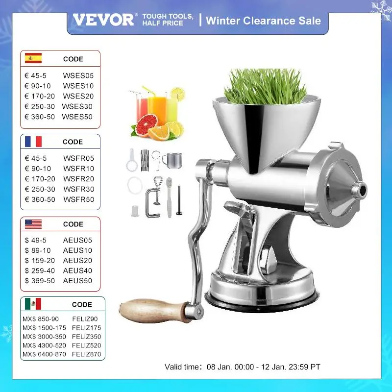 

VEVOR Manual Stainless Steel Wheatgrass Juicer Extractor Home Auger Slow Squeezer Vegetable Orange Juice Press Portable Blender