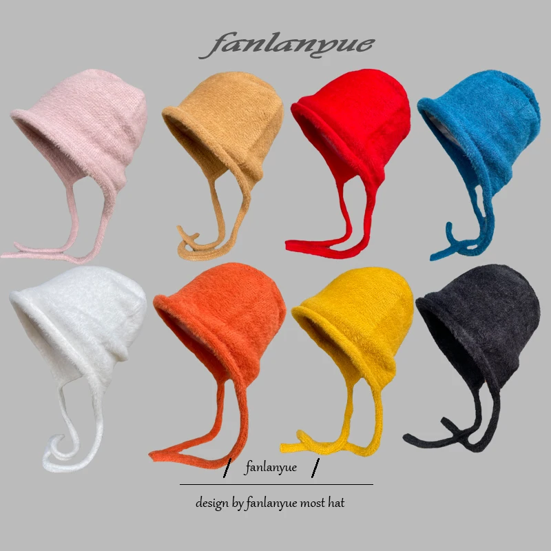 

Мягкие милые женские шапки Faxu из меха норки осень и зима однотонная теплая шапка с ремешком для защиты ушей корейская модная шапка-бомбер