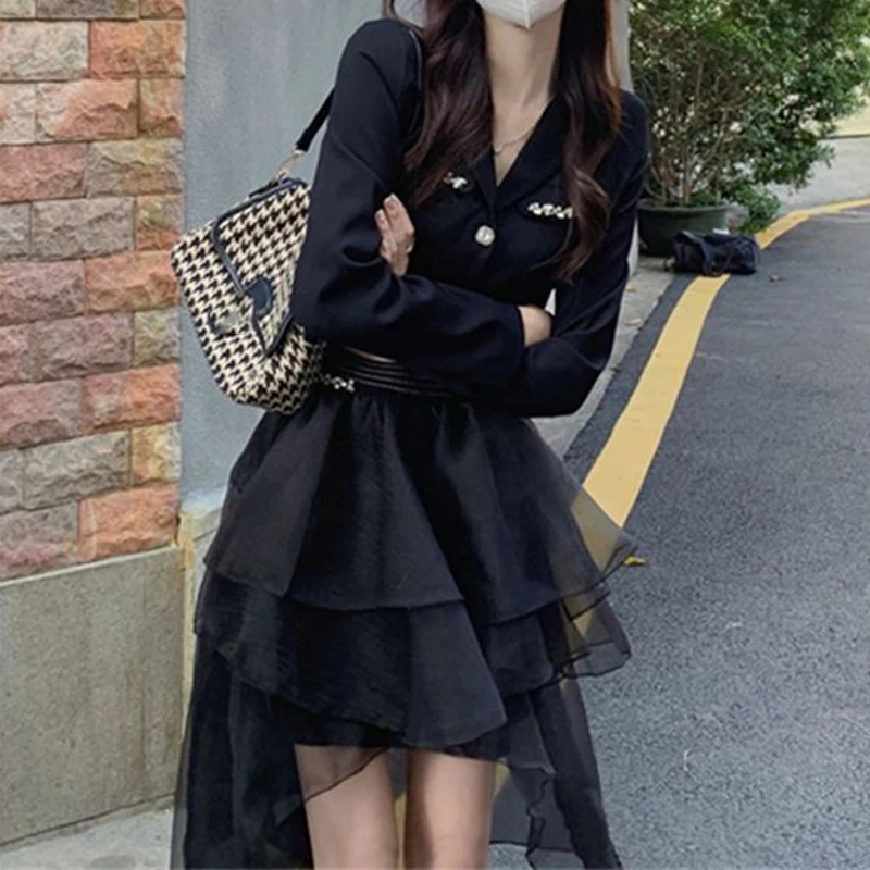 skirt sets Suit women's spring and summer diamond-encrusted suit jacket+irregular mesh stitching A-shaped skirt