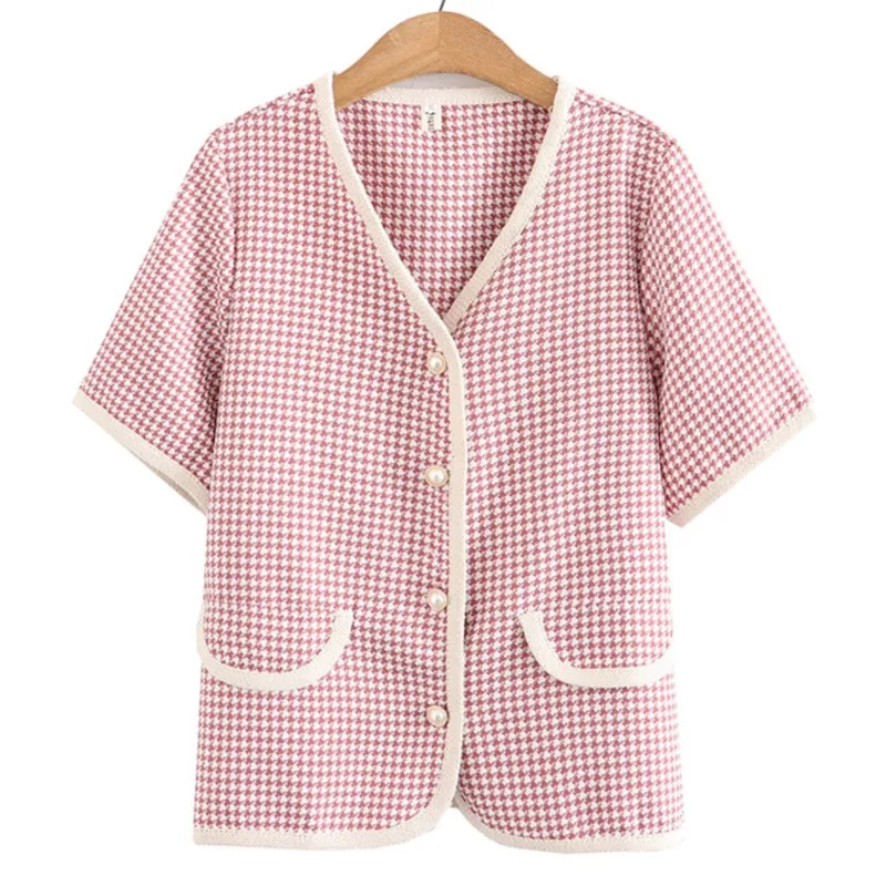 

Plus Size Jacket For Women 2023 Spring Summer Houndstooth Chic Coat Loose Outewear Oversized Curve Clothes S55-9219