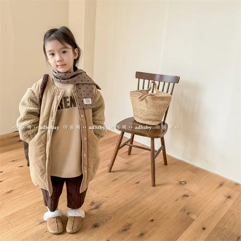 

Parkas Childrens Clothing Autumn Winter 2023 Korean Lamb Cashmere Cotton Coat Girls Velvet Round Collar Pocket Warm