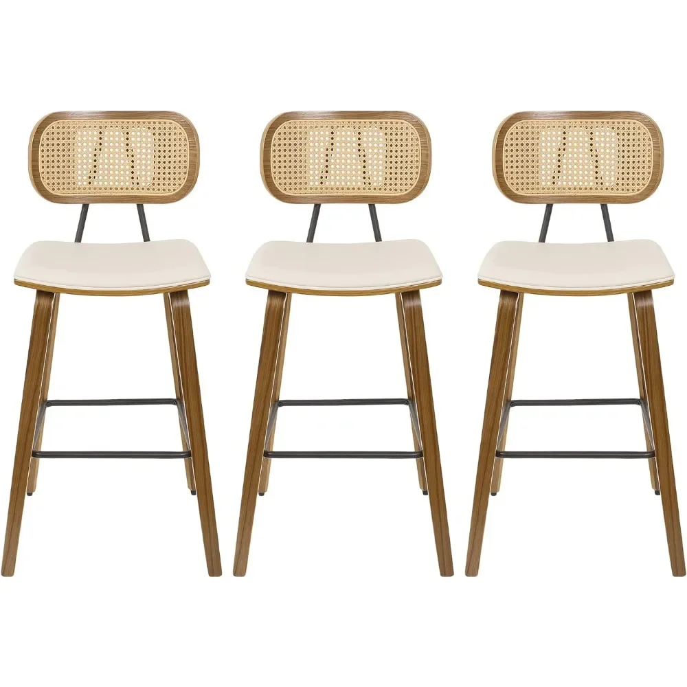 Counter Height Bar Stools Set of 3, 26" Wood Kitchen Stool PU Leather Upholstered Barstool with Rattan Back Cream White