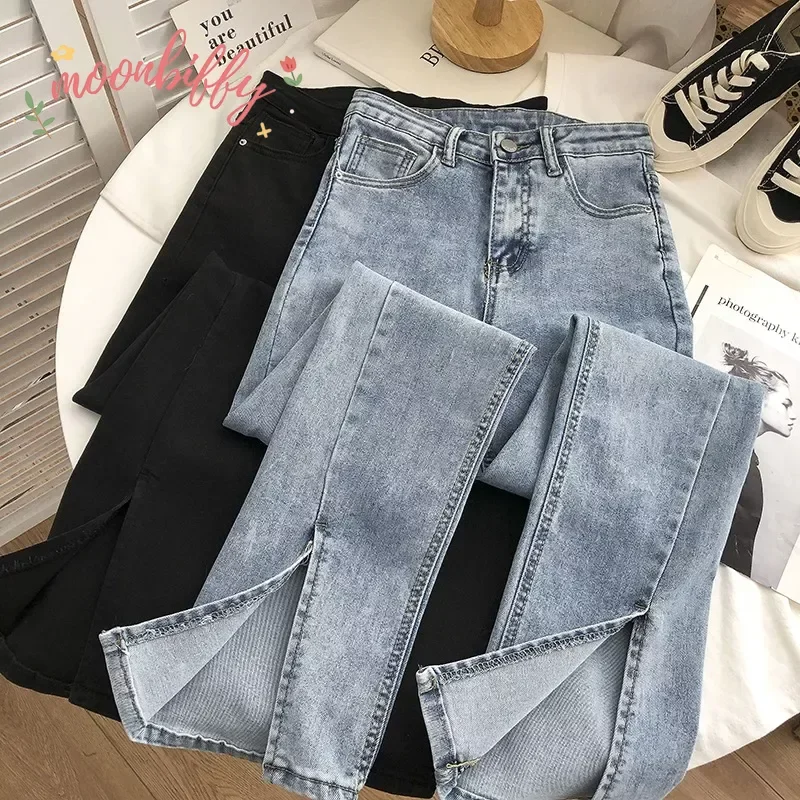 

Women Jeans Spring Autumn Korean Style High Waist Boot Cut Pants Fashion Female All-Match Split Flared Jeans