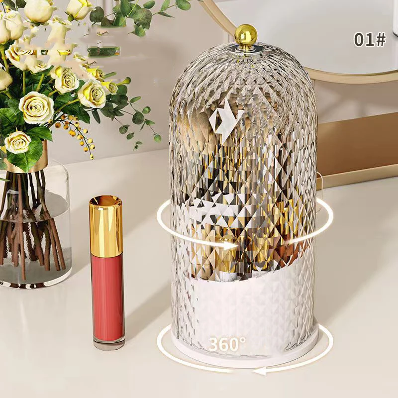 Diamond Birdcage Makeup Brush Holder with Lid 360 Rotating Clear Dustproof Makeup Brushes Organizer for Vanity Lipstick Holder 5