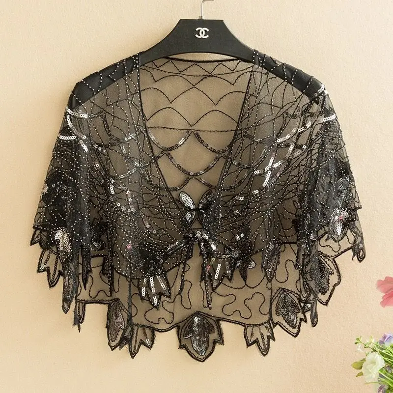

2023 Spring Summer Women Mesh Versatile Capes Sequins Popular Reticulated Party Fashion Party Lady Cloaks Poncho Black