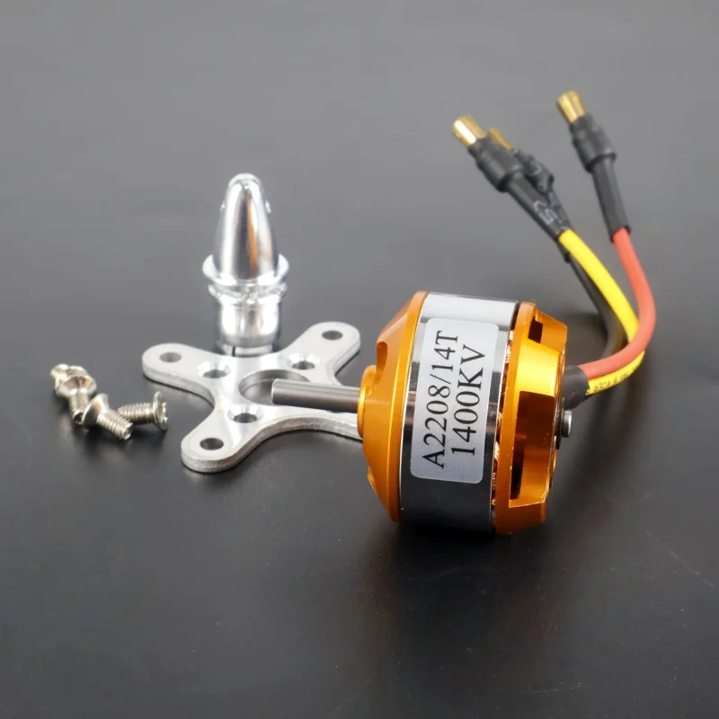 Moteur Brushless A2208 1000KV-2600KV pour RC Drone Avion, avec dissipateur thermique et connecteurs dorés.
