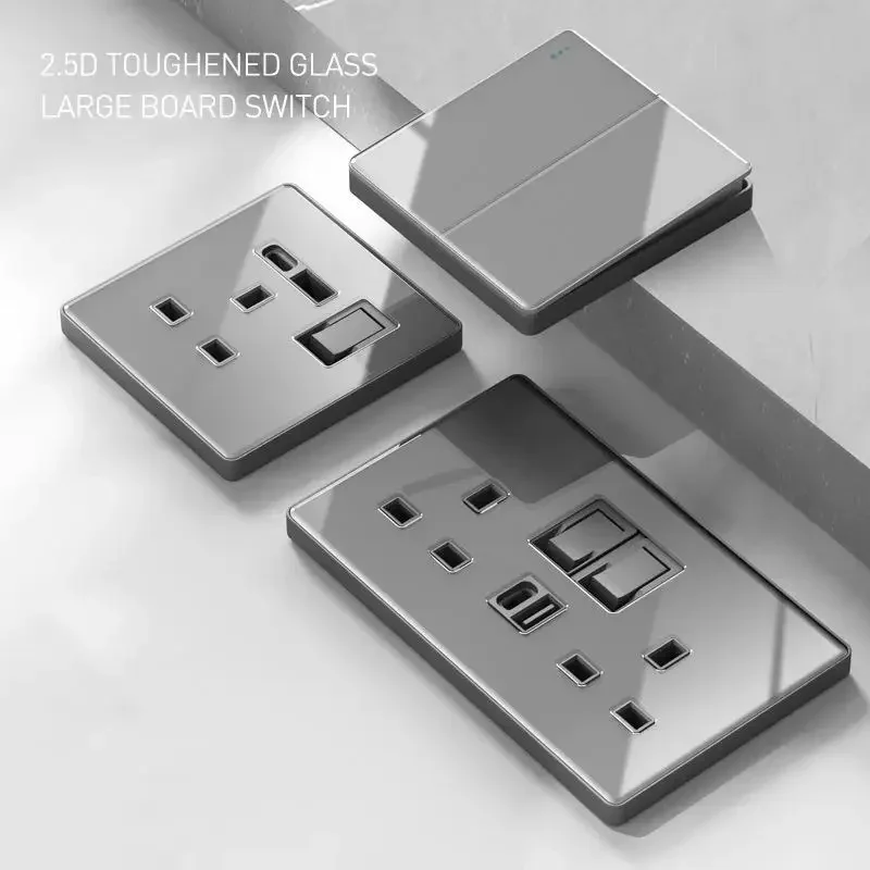 DeluxeGreyTemperedGlassPanelUK13APlugElectricalSocketDouble5