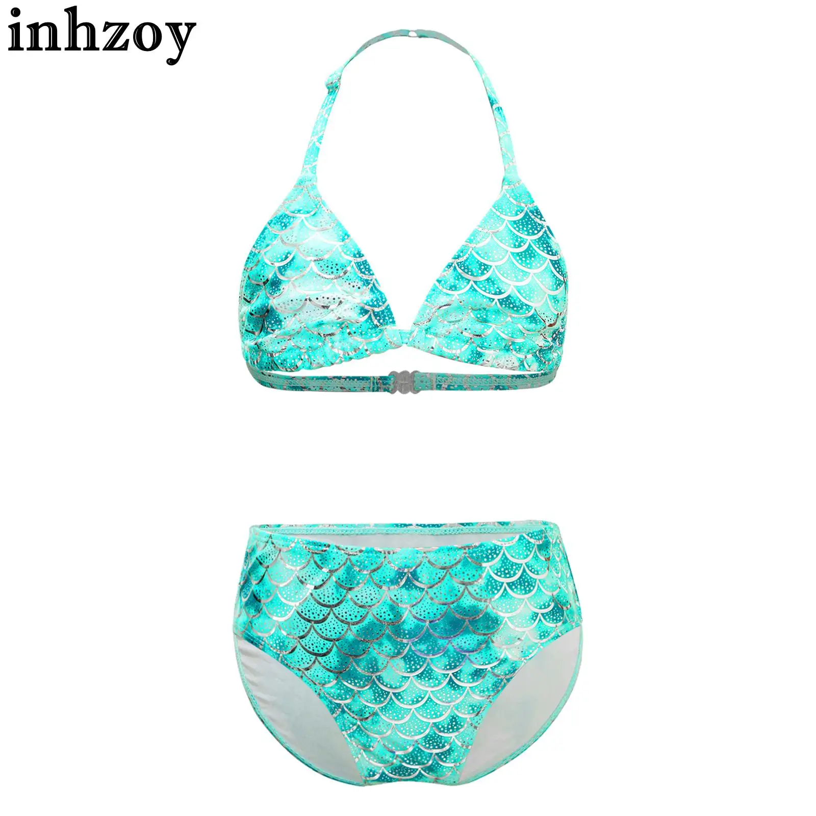 

Kids Girls Mermaid Bikini Swimsuit 2Pcs Fish Scales Print Halter Neck Crop Top and Briefs Set Pool Beach Bathing Suit Swimwear