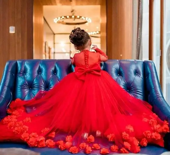

Red Customise Flower Girl Dress Long Sleeve Sheer O Neck Wedding Party Gown Kid First Communion Gown Long Train Photoshoot