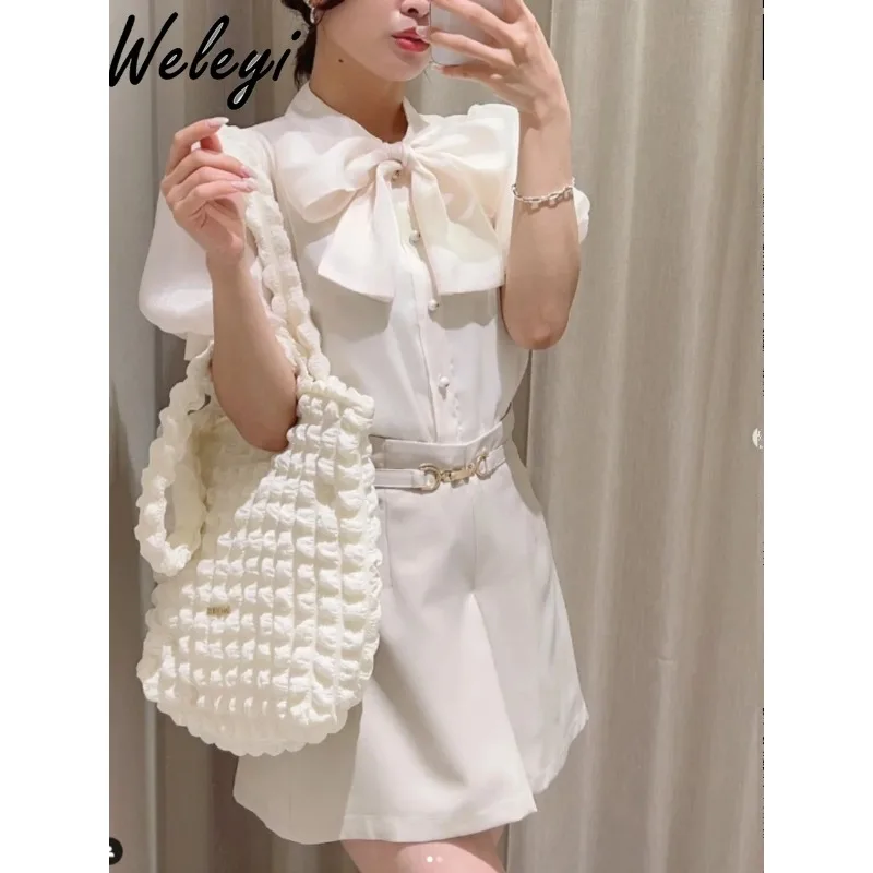

Cute Blusas Mujer Moda 2024 Summer New Style Puff Sleeve Big Bow Shirts for Button Loose Solid Color Versatile Koszule I Bluzki
