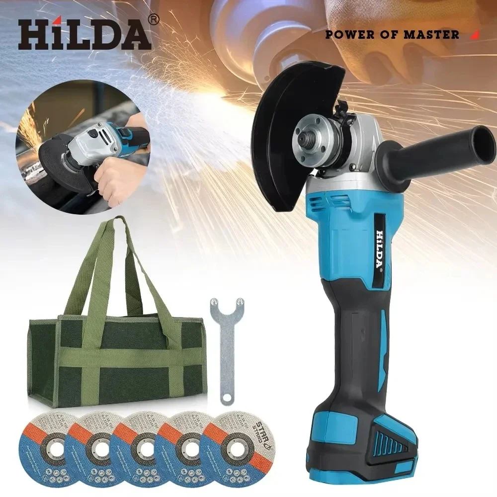 Electric Angle Grinder HILDA 125mm Brushless And Brushed Angle Grinder Cordless Grinding Machine Cutting 12V for Makita 18V Battery