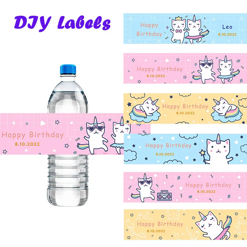 30Pcs Etichette Personalizzate Per Bottiglie D'Acqua Che Ballano Unicorno Gatti Modello Etichetta Fai Da Te Festa Di Compleanno Unicorno Adesivi Per M