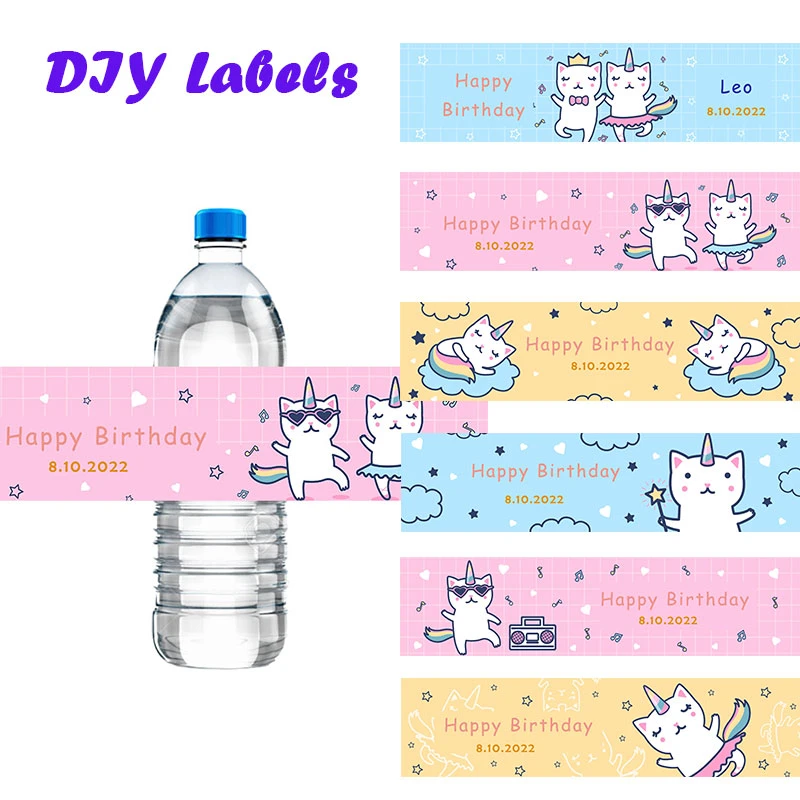 30pcs Custom Water Bottle Labels Dancing Unicorn Cats Pattern Label DIY Birthday Party Unicorn Stickers for Wedding Baby Shower