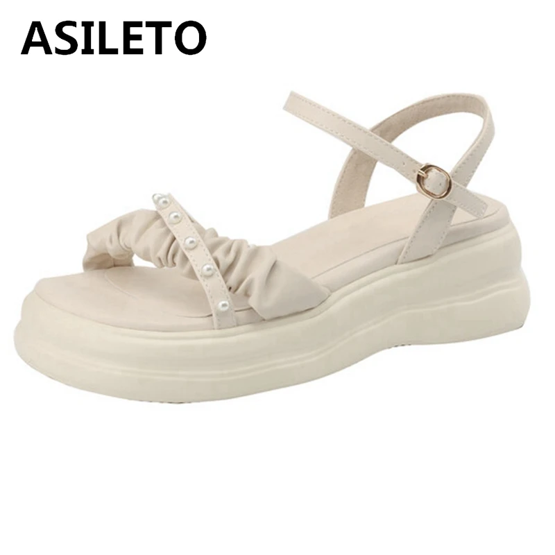 

ASILETO Women High Platform Soft Sandals 5CM Heel Faux Leather Open Toe Elastic Bands Pearls Buckle Sweet Big Size 42 43 Black