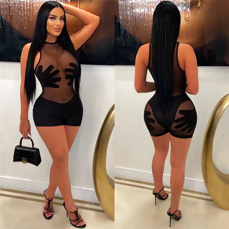

PinePear Sheer Mesh Sexy See Through Playsuit Women Funny Hand Patchwork Short Jumpsuit Sleeveless Party Rompers Summer Clubwear