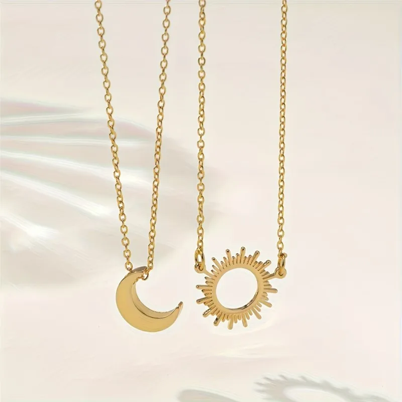 Elegant Bohemian Style 18K Golden Plated Sun & Moon Pendant Necklace for Women Double Choker Neck Party Jewelry Gifts