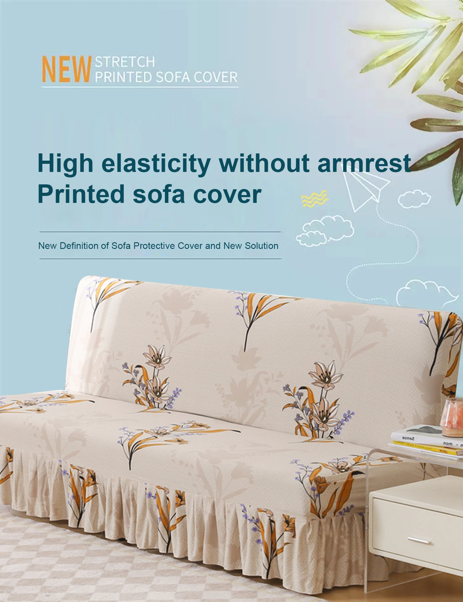 Description Picture 4 of itemSofa Bed Cover Adjustable Stretch Sofa Towel with Skirted All-inclusive Soft Milk Silk Sofa Covers for Foldable Armless Sofa Bed