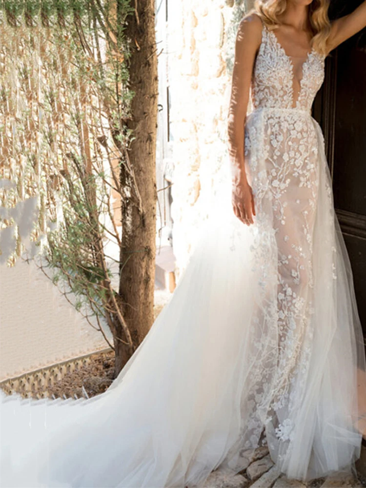 

Deep V-Neck Mermaid Wedding Dress 2023 Sleeveless Backless Bridal Gown Sexy Applique With Detachable Tulle Train Robe De Mariée