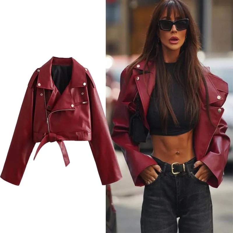 

TRAF Women Red Cropped Leather Jacket Lapel Long Sleeves Zipped Jacket Coat 2024 Winter Women’s Moto Biker Casual Short Jacket