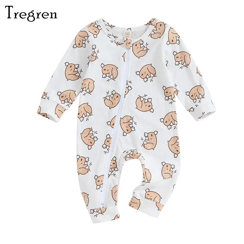 

Tregren 0-24M Newborn Baby Jumpsuit Fall Long Sleeve Cartoon Print Round Neck Zipper Romper Homewear For Infant Boys Girls