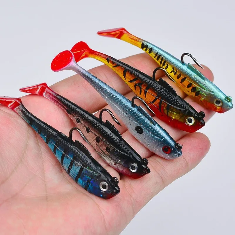 1/5 Stück Künstlicher Weichköder mit Jigkopf 3,6g 9,5g 24,6g Jigging-Weichköder Gummi-T-Schwanz Angelköder Schwimmköder für Barsch und Hecht