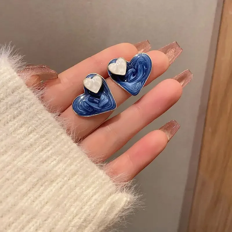 4 Pcs Floral Blue Hoop Earrings For Women Geometric Gold Eardrop Wedding Trendy Jewelry Gift