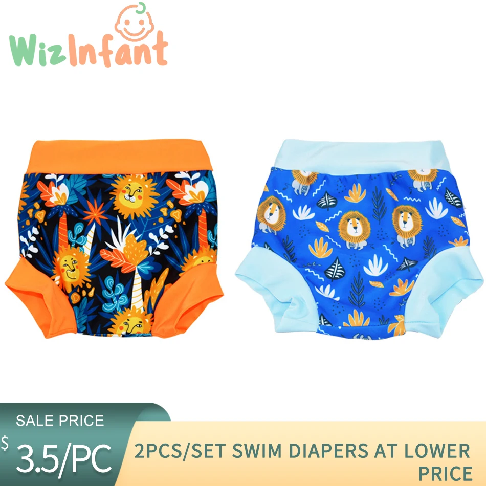 

WizInfant 2Pcs/Set Children Leakproof Swimming Diapers Newborn Baby High Waist Swimming Trunks Baby Cartoon Printed Cloth Diaper