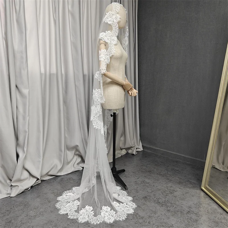 Customized Mantilla Veil with Eyelash Lace, 2m/2.5m/3m Single Tier Wedding Veil, Elegant Lace Ivory Bridal Veil with Hidden Comb