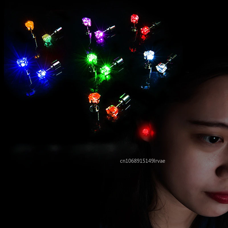 2/1PCS Colorful LED Luminous Studs Square Zircon Earrings Men Women Bar Rave Wedding Party Ear Stud Jewelry Glowing Earring