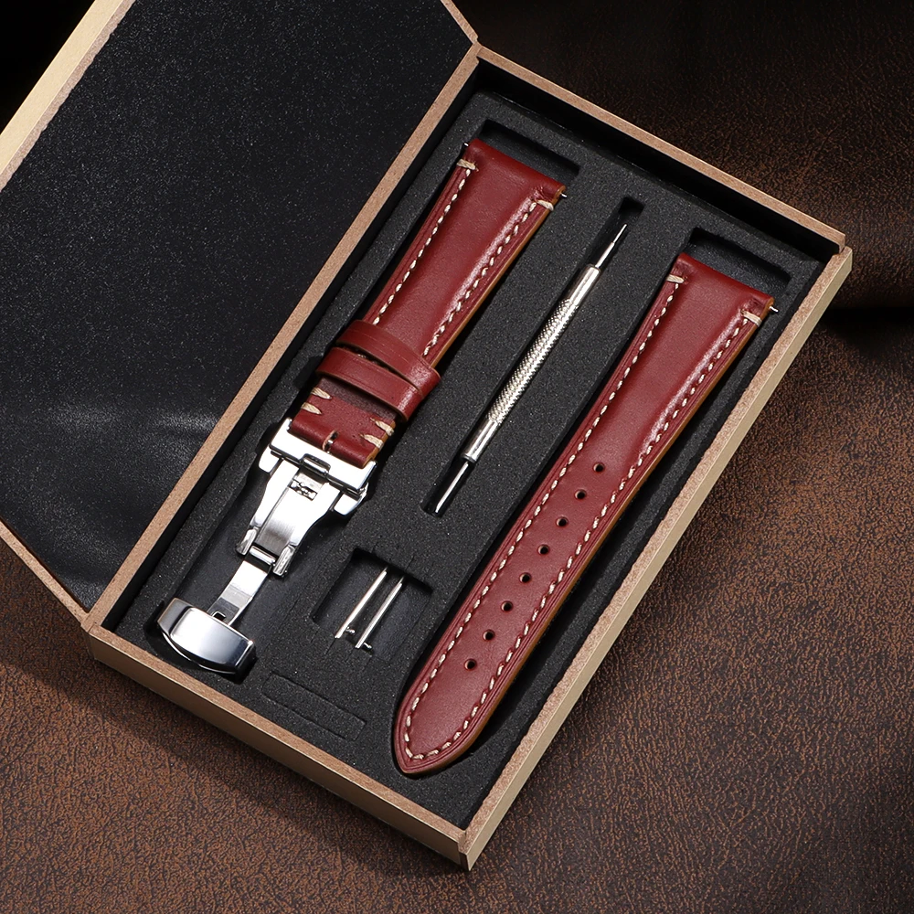Luxurious Genuine Leather Wrist Bracelet with Butterfly Clasp - Elegant Watch Band Accessory with Gift Box