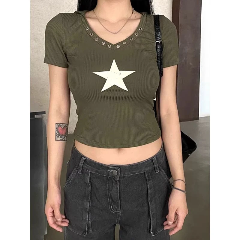 2000s American Vintage T-shits Women Short Sleeve Retro Bodycon Y2k Crop Top Office Lady Korean Fashion Harajuku Subculture Tees - Image 6