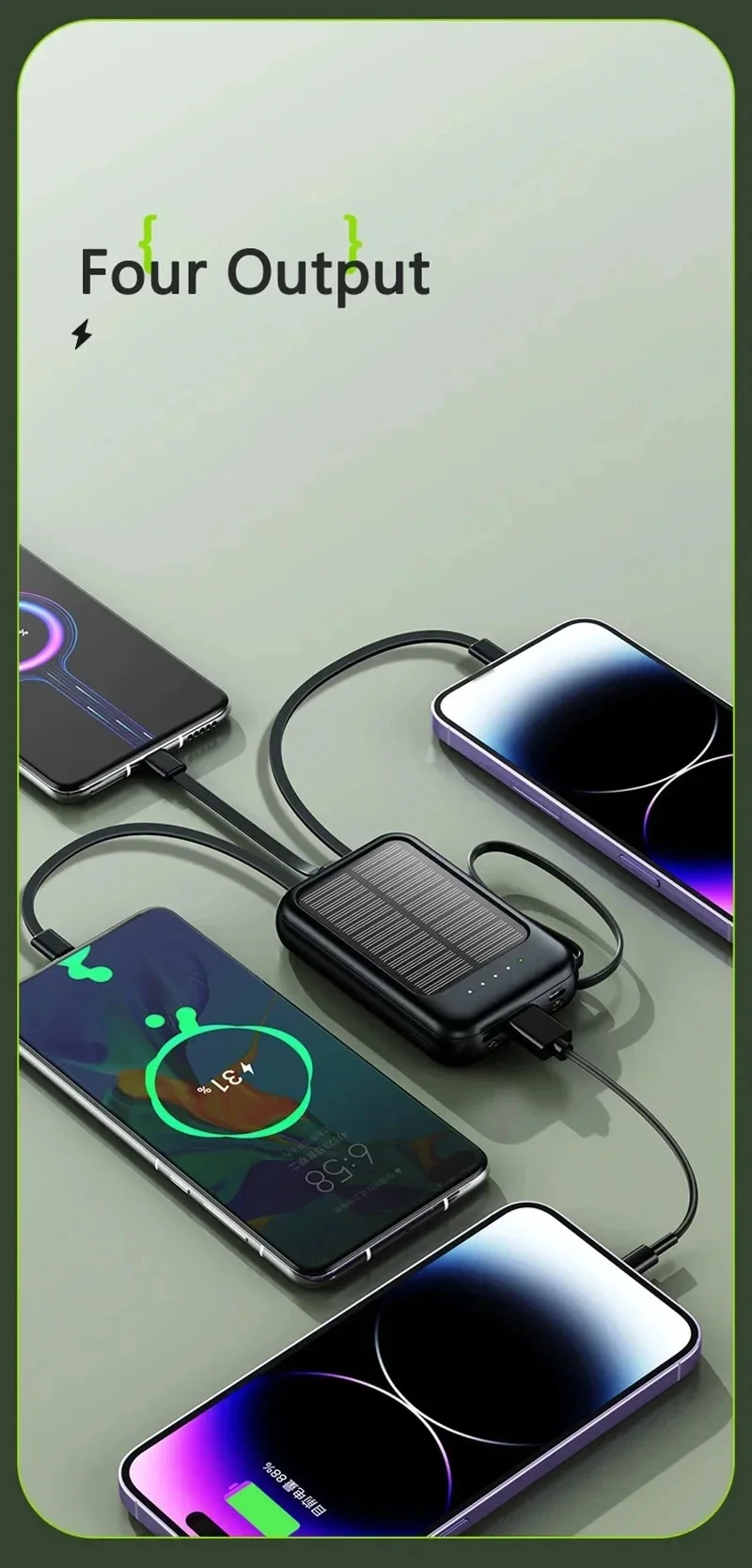 50000mAh High Capacity Solar Power 2 USB Ports External Powerbank Built Cables Solar Charger Portable LED Light Powerbank 5