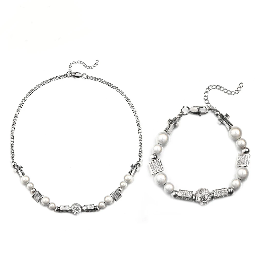 High end silver couple collarbone necklace with cross and pearl faith necklace