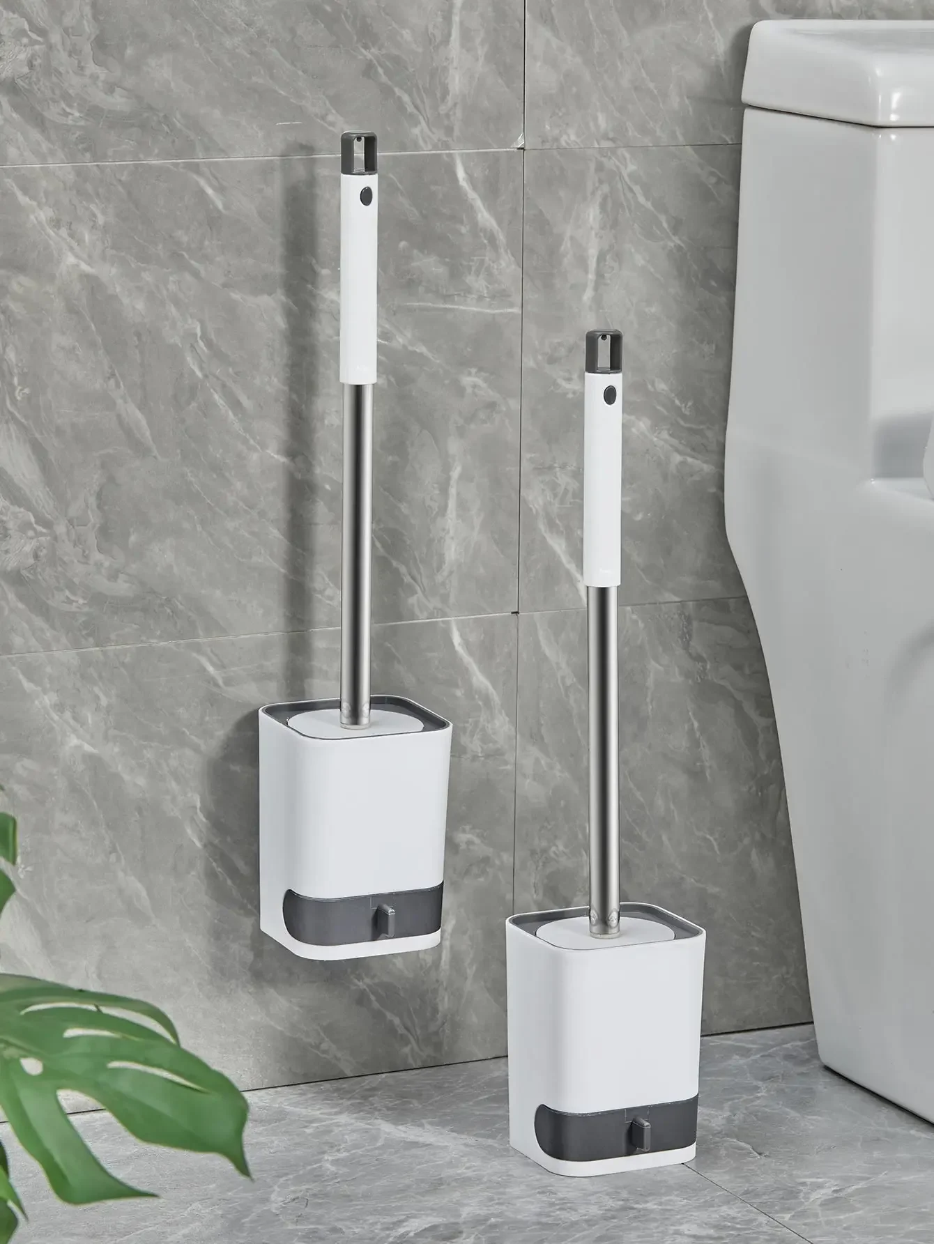 Toilet Brush WORTHBUY Punch-Free Wall Mounted Long Handle Plastic Drainable Base Bathroom Accessories
