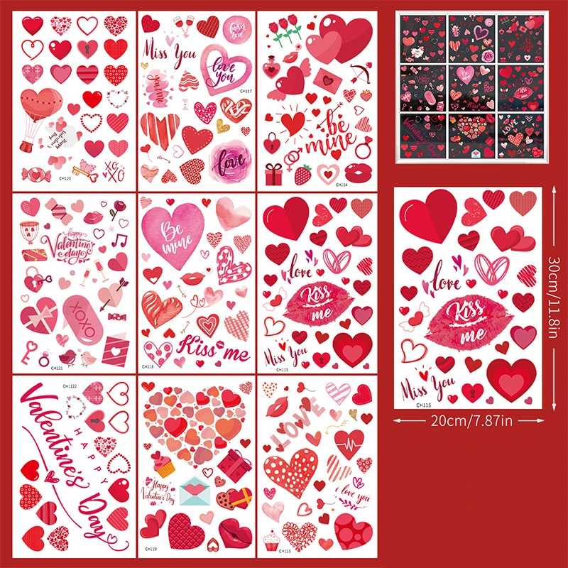 Valentines Day Window Clings 9 Sheets Heart Shaped Static Stickers Glass Art Decal for Valentine's Wedding Party Supplies window stickers