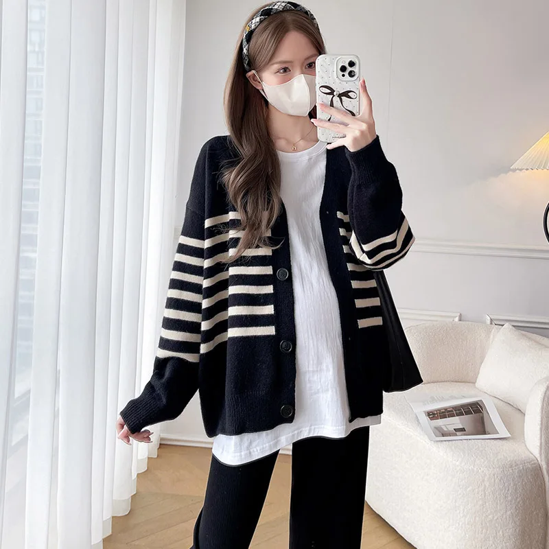 임산부 겨울옷 가디건 긴팔 두꺼운 면 플러스 사이즈 투피스 세트 (임신 후기용) 스트라이프 패턴