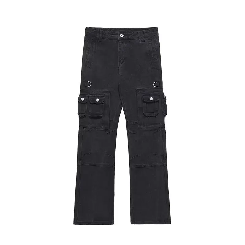 Four Seasons Men's Trendy American Style Multi Pockets Motorcycle Cargo Pants Washed Loose Straight Bootcut Jeans Trousers Male 4