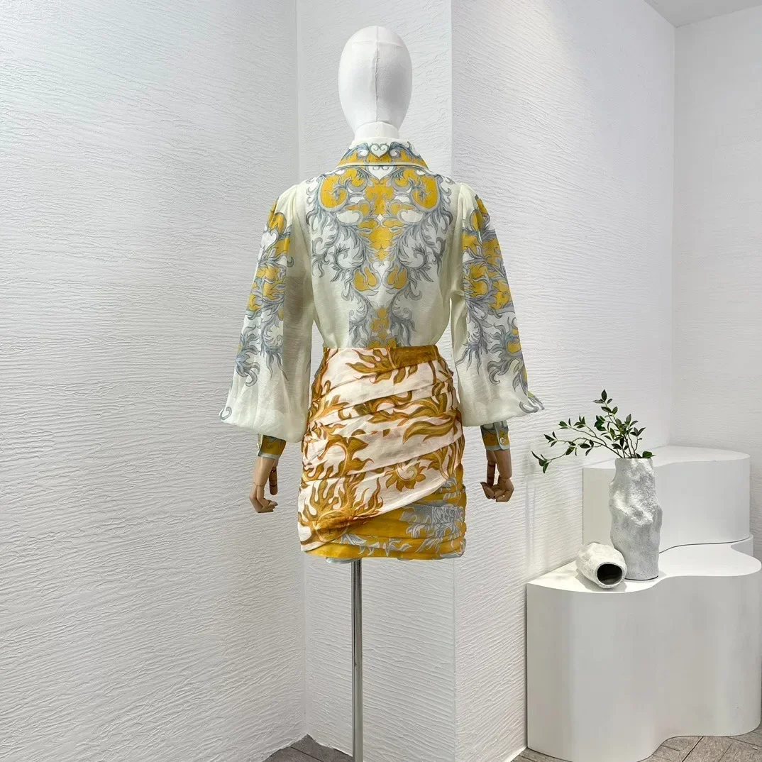 Silk Linen Summer 2024 High Quality Position Floral Print Long Lantern Sleeve Blouse and Folds Skirt Women Vintage Sets
