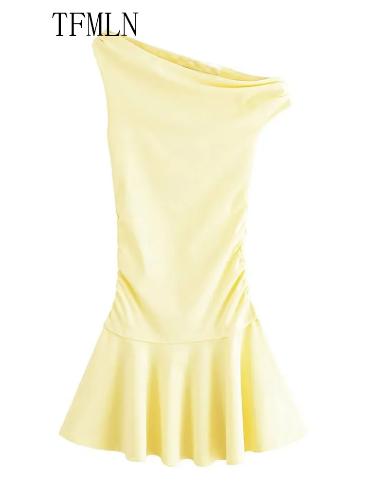 TFMLN 2025 Women Solid Asymmetrical Mini Dress Summer Sleeveless Diagonal Collar Causal Slim Dress Fashion High Street Dress