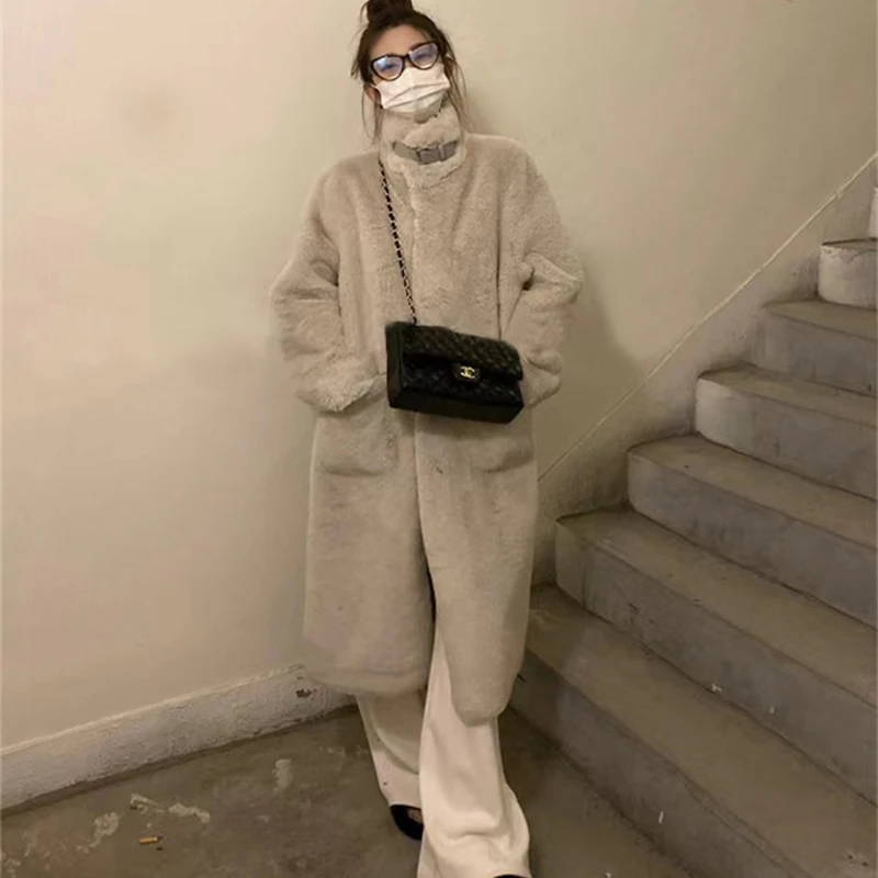 Fur Coats Women's Faux Mink Fur Cardigan Jackets Fashion White Female Loose Long Sleeve 113cm Fur Plush Winter Warm Coat