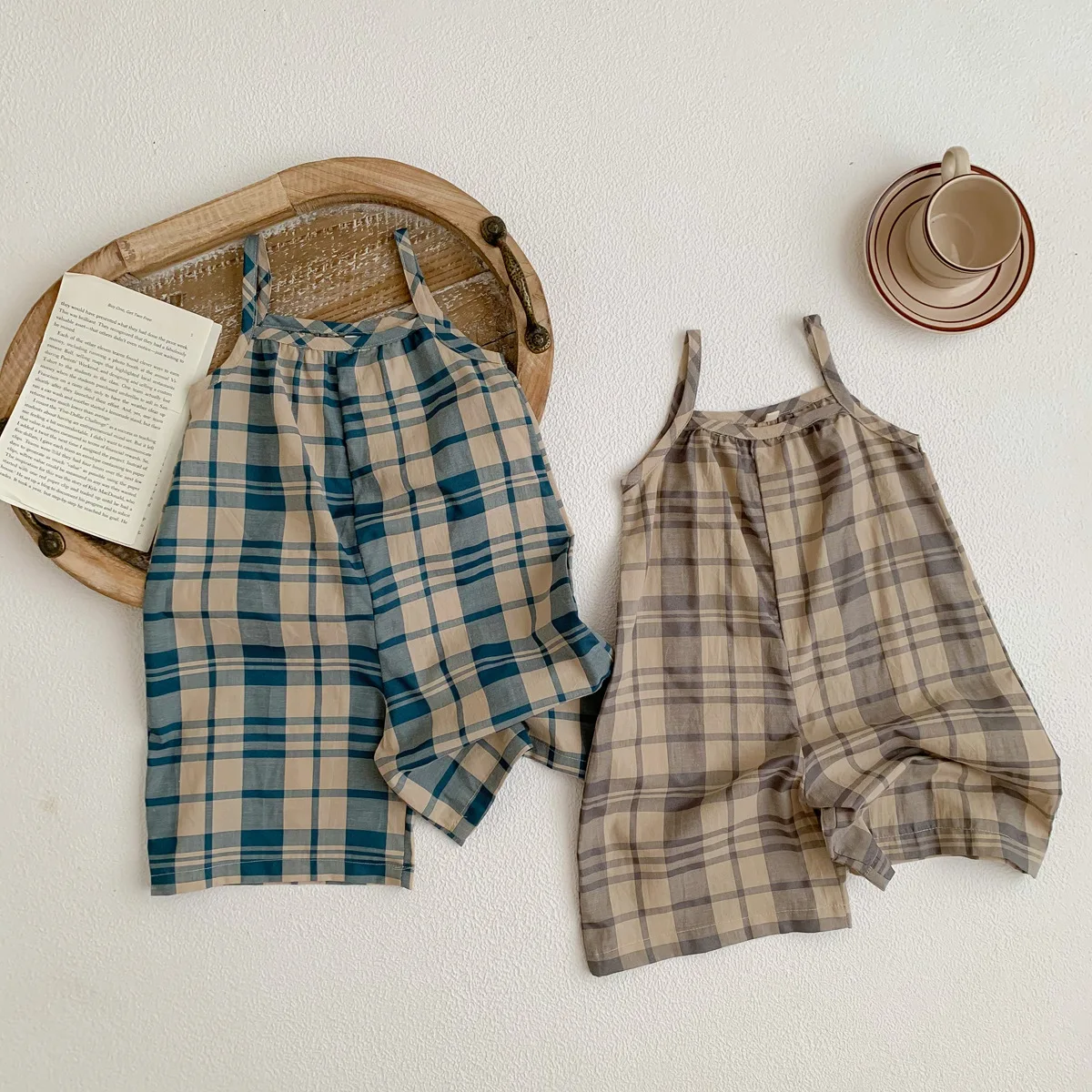 

Baby Jumpsuit 2023 Summer New Simple Fashion Boy's Suspender Jumpsuit Thin Cotton Plaid Girl's One Piece Clothes