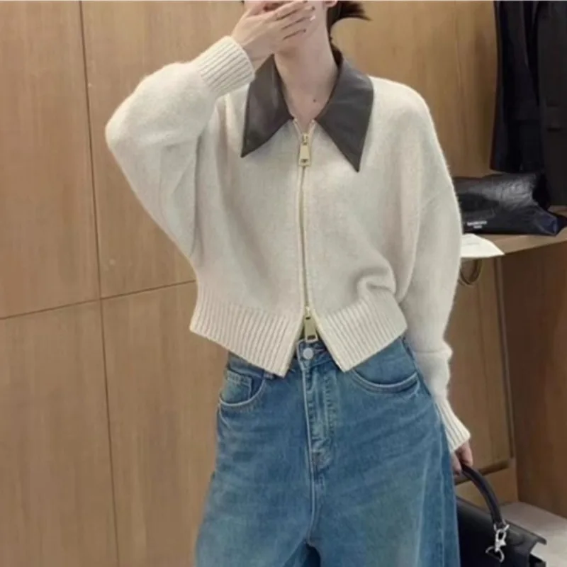 Women PU Leather Knitted Sweater Cardigan