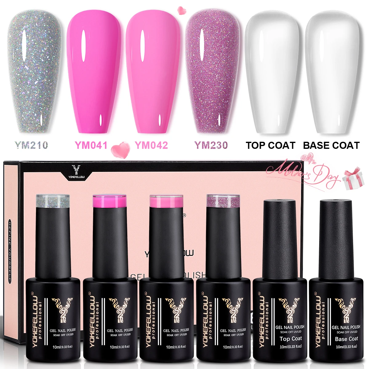 

YOKEFELLOW Gel Nail Polish Set Nude Pink Gitter Gel Polish with Base&Top Coat Nail Polish Gel Soak Off UV Nail for Mother's Day